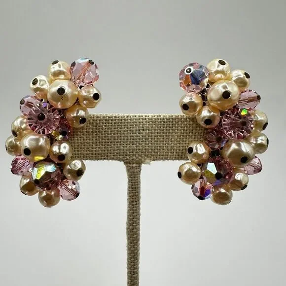 Vintage Laguna Pink Aurora Borealis crystal and Faux Pearl clip on earrings!